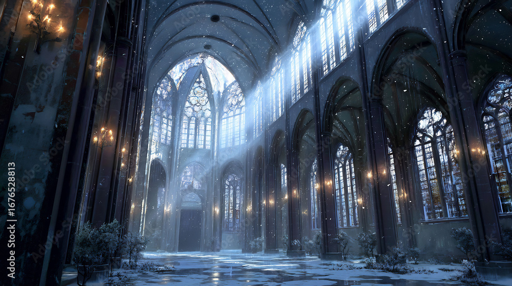 Fototapeta premium Architecture cathedral interior with light rays and snow falling artwork