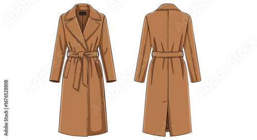 Illustration of a stylish trench coat with a belt, featuring front and back views in a minimalist design capturing modern sophistication