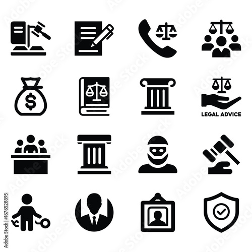 Legal compliance icon bundle representing justice law courtroom business and agreement services