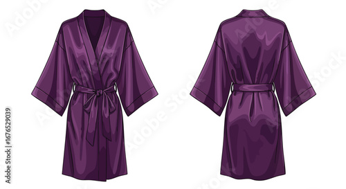Elegant plum-colored silky robe illustration showcasing front and back views on a clean background, creating a soft and luxurious ambiance
