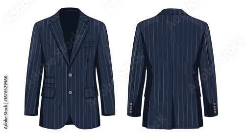 Elegant navy pinstripe suit jacket illustration showcasing the front and back design for professional or formal wear apparel