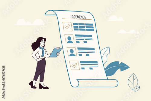 Professional references resume, people who recommend, working experience or recommendation for candidate, skill guarantee concept, business woman with reference people and work experience document. 