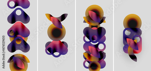 Abstract composition featuring layered colorful circles. Gradient hues blend, creating dynamic visual rhythm. Minimalist design, soft shadows present.