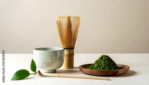 Serene Matcha Tea Ceremony: Bowl, Whisk, and Powder