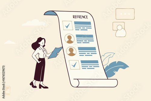 Professional references resume, people who recommend, working experience or recommendation for candidate, skill guarantee concept, business woman with reference people and work experience document. 