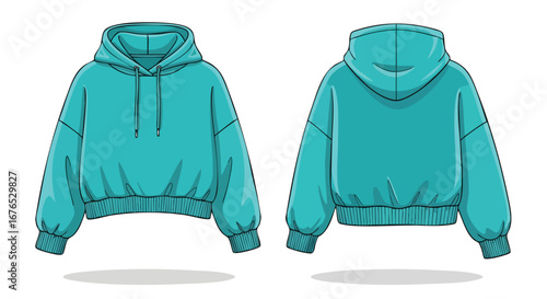 Turquoise Pullover Hoodie Illustration: Front and Back Views for Apparel Design and Fashion Mockups