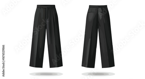 Elegant black wide-leg trousers showcased from front and back views offering style versatility and modern sophistication perfect for fashion design