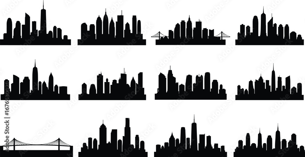 Naklejka premium Collection of iconic city skyline silhouettes and bridge outlines, black urban landscape illustrations, perfect for architecture, travel, and city design projects