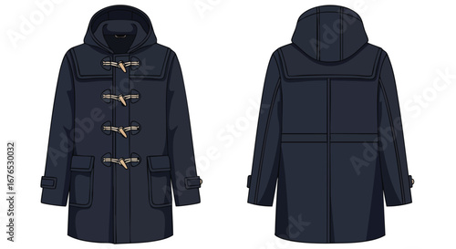 Detailed vector illustration showcasing the front and back design of a stylish duffle coat with a classic toggle closure and a comfortable hood