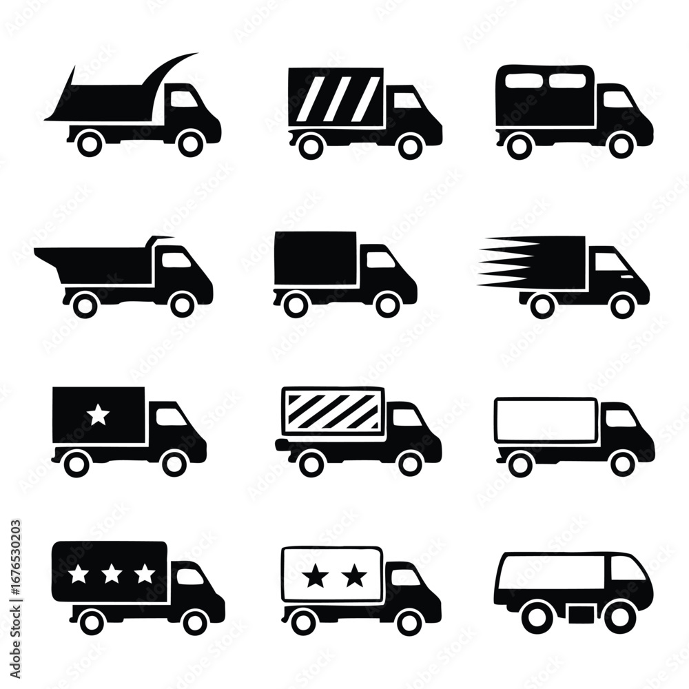 Truck Silhouette Icon Set – Different Delivery and Cargo Truck Vectors Truck Silhouette Icon Set – Different Delivery and Cargo Truck Vectors