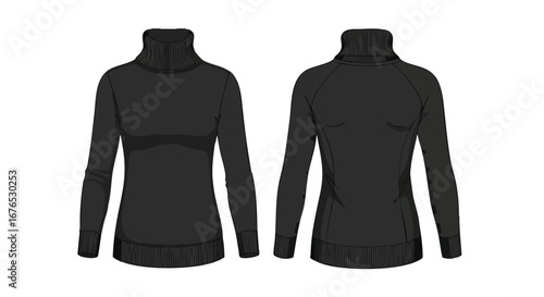 Black Turtleneck Sweater Fashion Illustration, Front and Back Views, Stylish Fall and Winter Apparel Flat Design, Detailed Knit Texture