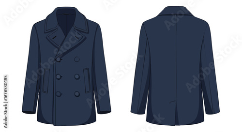 Front and back view of a navy blue pea coat, a classic and versatile outerwear piece for autumn and winter attire, isolated on a clean white