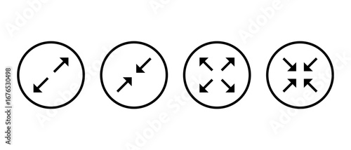 Expand and collapse arrow icon set. Full screen and Exit fullscreen symbol in circular outline