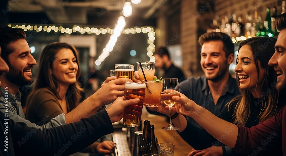 Obraz premium Smiling People Toasting Drinks at Bar with Soft, Warm Lighting