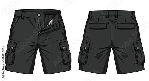 Black cargo shorts with side pockets shown in front and back view ideal for summer wear and outdoor activities suitable for fashion design creation