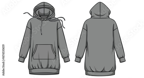 Grey hoodie dress technical sketch showcasing front and back views for fashion designers, illustrators and garment industry professionals