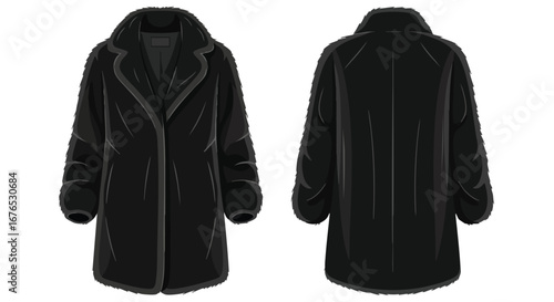 Elegant black faux fur coat fashion illustration, showcasing a stylish winter outerwear apparel design for seasonal trendsetter style guide
