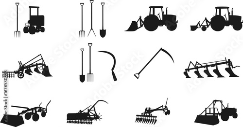 Farm tools, agricultural machinery, tractor equipment, plow, shovel, sickle, rake, cultivation machines, farming implements, harvesting tools, soil preparation, black silhouette illustration
