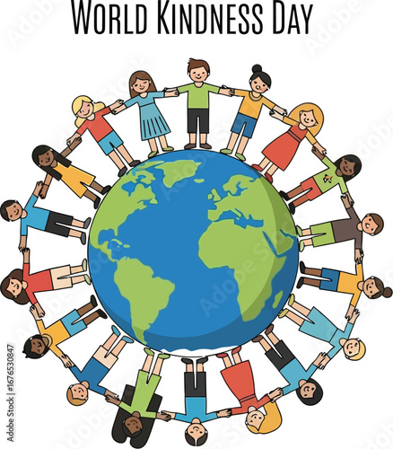 Illustration of children holding hands around world for world kindness day, promoting peace and unity