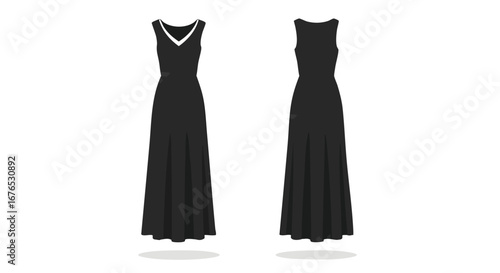 Elegant front and back view of a flowing black maxi dress with sophisticated white trim detail showcasing timeless fashion appeal