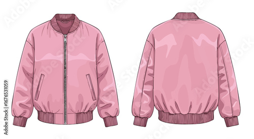 Illustration of a stylish pink bomber jacket, showcasing both front and back designs for fashion visualization and design inspiration