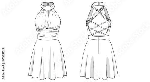 Elegant halter dress sketch with criss-cross back design for fashion illustration and technical drawing purposes