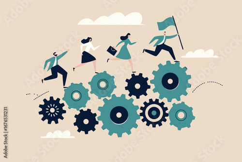 Organization efficiency, development and workflow, business strategy to make team success, company system and resources concept, business people running on rotating cogwheel or gear to drive business.