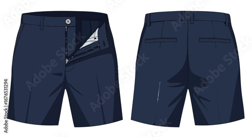 Navy Blue Tailored Shorts: Front and Back Perspective Emphasizing Style and Design Details, with Visible Button, Zip Closure and Pocket Accents