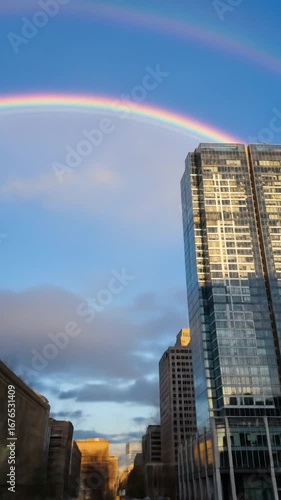 Rainbow arching over modern skyscraper in urban setting