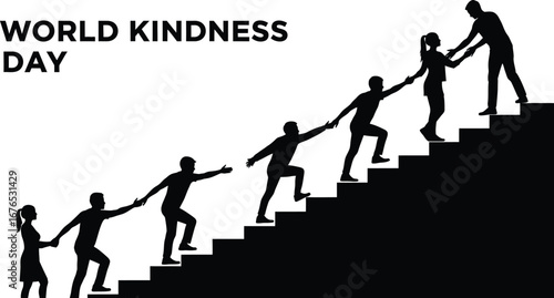 Illustration of people helping each other climb stairs, symbolizing world kindness day and importance of support and collaboration