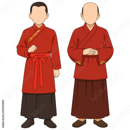 Set Colored Cartoon Character Chinese Religious Leaders, Monks, Scholars, and Clergy. Bundle Illustrations Representing Faith, Spiritual Teachings, Devotion, and Guidance. Chinese Leadership.