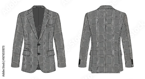 Elegant men's gray plaid blazer, featuring a sophisticated pattern and tailoring style. The blazer is perfect for a formal event or a smart casual