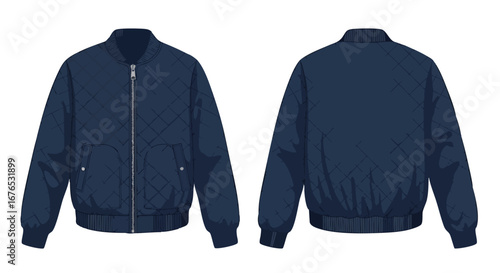Illustration of a Stylish Navy Blue Quilted Bomber Jacket from Front and Back View Showcasing Apparel Design 150