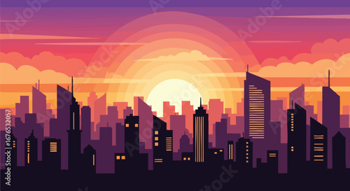 Vibrant Skyline at Twilight: A Flat Vector Illustration of a Modern Cityscape at Sunset urban panorama with skyscrapers against a colorful sky at dusk