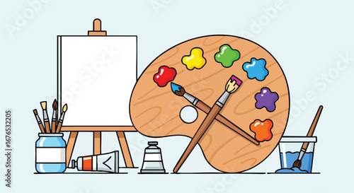A Cartoonist Still Life Depicting an Easel, Palette with Paint, and Brushes in a Cheerful Composition