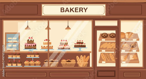 Charming storefront illustration showcasing delicious cakes, muffins, breads and other baked treats in a bakery window display