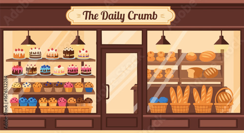 Charming bakery shopfront illustration featuring a delightful array of cakes breads and pastries on display for sale