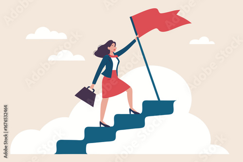 
Success fearless female entrepreneur, woman leadership or challenge and achievement concept, success businesswoman on top of career staircase holding winning flag looking for future visionary. 