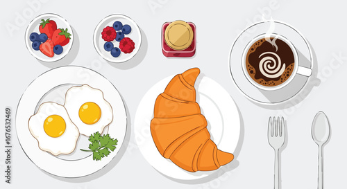 Overhead view of delicious breakfast spread with croissant eggs coffee and fresh berries assortment arranged on white plates perfect start to the day