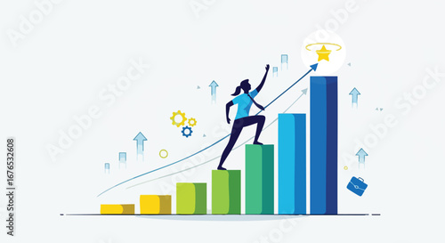 Illustrative Depiction of a Woman Climbing Up Financial Growth Graph Toward a Career Achievement Star Goal