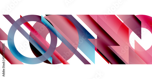 Abstract geometric composition. Overlapping shapes create dynamic visual effect. Red, blue hues dominate design. Minimalist style.