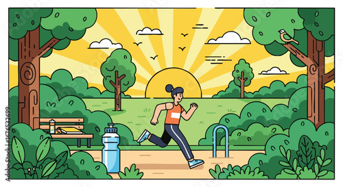Woman running in a park cartoon illustration with trees, sun and nature in the background for sport activity and healthy lifestyle concept