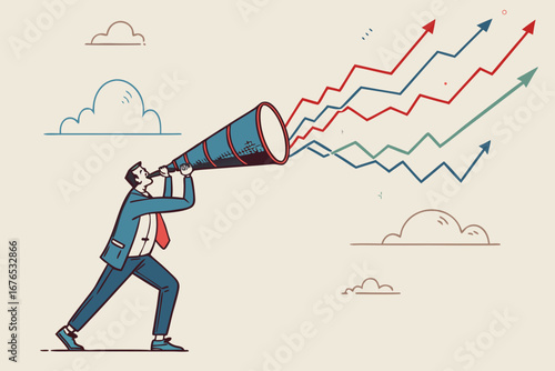Forecast or prediction to see or analyze future opportunity, forwarding data analysis, leadership vision or discover investment plan concept, businessman look through telescope to see forecast chart. 