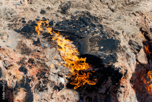 Flames burn from the side of the mountain at Yanardag (Burning Mountain) natural gas fire in Baku, Azerbaijan