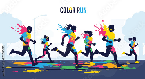 People enthusiastically participating in a color run, engaging in a vibrant and energetic fitness activity with colorful powder paint splashes,