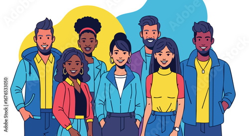 Diverse team portrait illustration celebrating unity and collaboration in a modern company environment showcasing individual style and togetherness