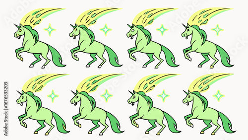 Eight light green cartoon unicorns with flowing manes and tails each with a yellow and green comet trail above