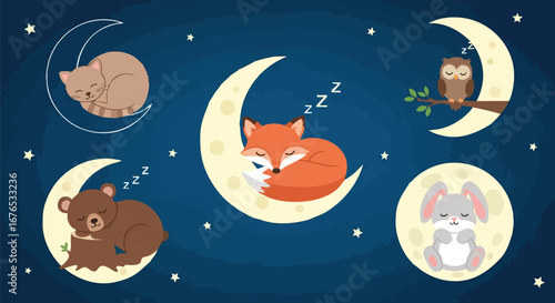 Whimsical slumber scene with nocturnal animals resting peacefully on celestial moons under a starry night, perfect for bedtime stories and