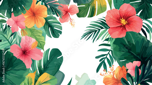 Vibrant watercolor illustration of lush tropical foliage and exotic flowers in a vibrant display