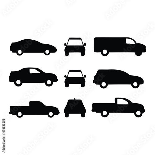 Car Silhouette Icon Set – 8 Different Vehicle Shapes Front and Side Views